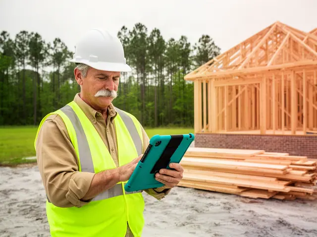 Home builder in a white hard hat and safety vest reviewing plans on a tablet beside a timber-framed house under construction