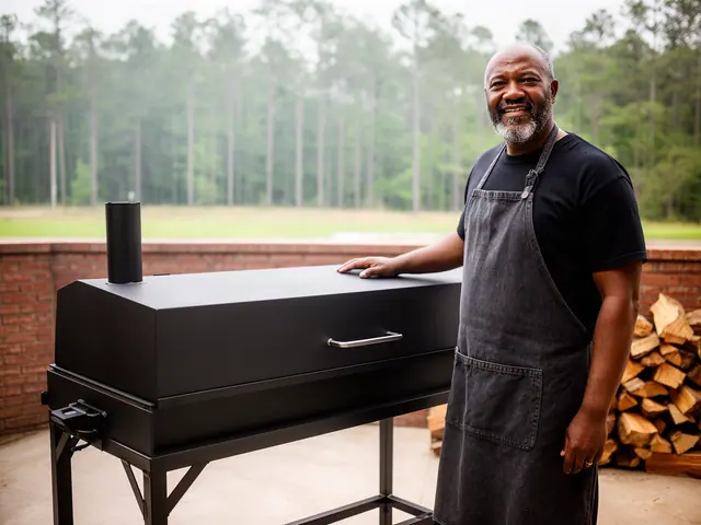 Barbecue restaurant owner in a grey apron resting his hand on a new black steel smoker beside a stack of firewood
