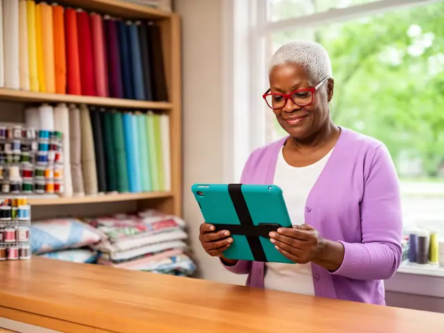 Fabric shop owner in red glasses and a lilac cardigan checking inventory on a tablet behind a wooden cutting counter