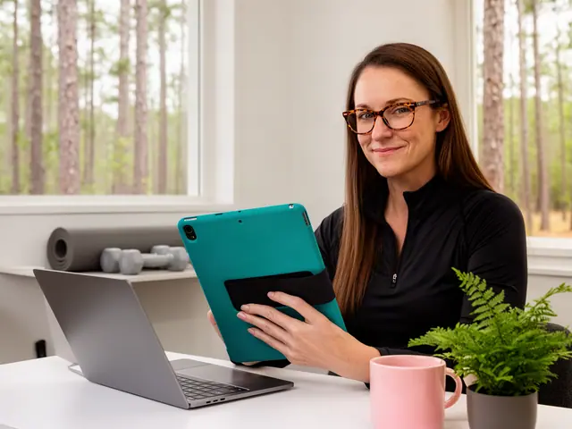 Fitness studio owner in glasses holding a tablet in a teal case at a white desk by a window with pines