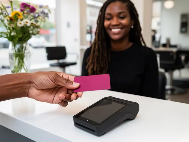Customer's hand holding a blank magenta card over a black card terminal while a smiling salon owner waits behind the counter