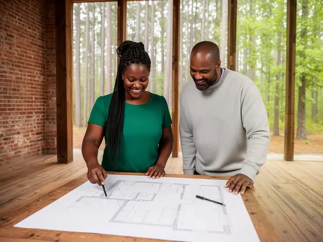 Two business partners smiling over a hand-drawn floor plan on a wooden table in an empty brick warehouse space