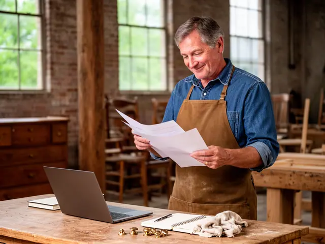 Furniture restorer in a denim shirt and canvas apron reviewing paperwork at a workbench with a laptop and brass drawer pulls